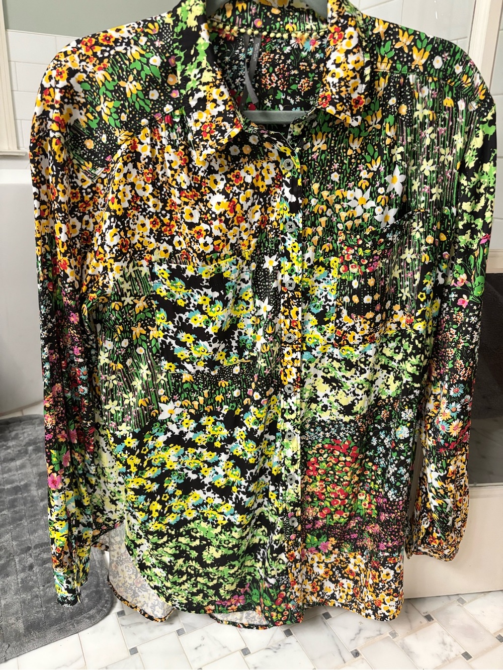 Anthropologie Floral Patchwork Long-Sleeve Shirt - Green/wBlack